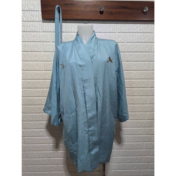 Unbranded Authentic Women's Blue Japenese Silk Gold Embroidered Belted Kimono Ro - Picture 1 of 7